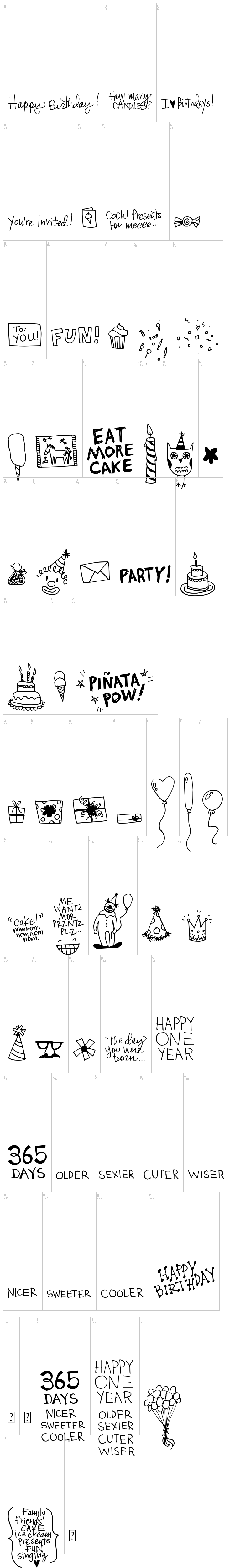 DJB It's My Birthday font map